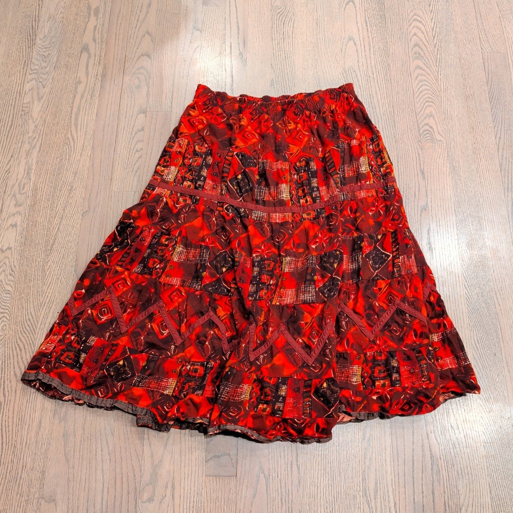 Vintage Carole Little Sport Red Geometric Tiered Cotton Midi Skirt Size Medium